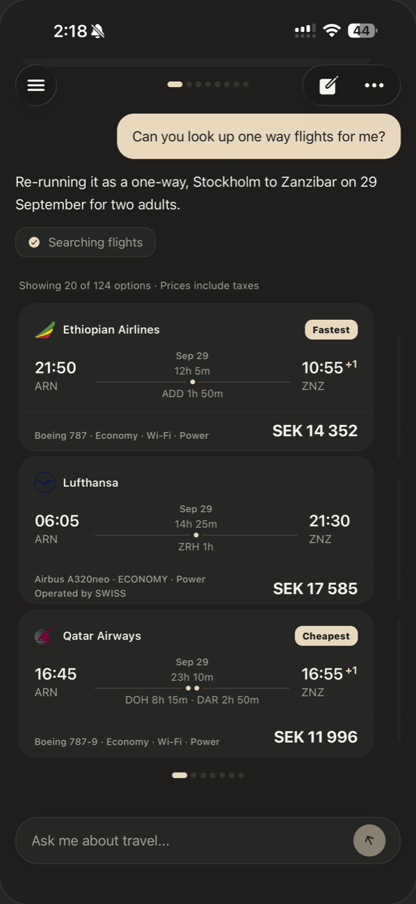 One-way flights from Stockholm to Zanzibar compared, with the fastest and the cheapest marked